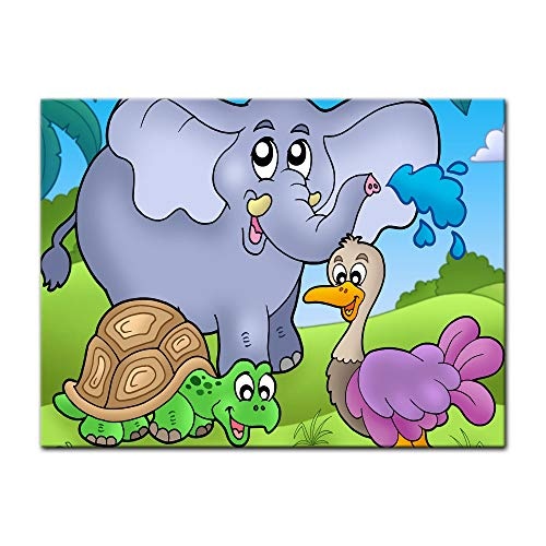 Wandbild - Kinderbild Tropische Tiere - Bild auf Leinwand - 80x60 cm einteilig - Leinwandbilder - Kinder - lustige Tiere - Elefant, Schildkröte und Strauß