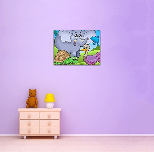 Wandbild - Kinderbild Tropische Tiere - Bild auf Leinwand - 80x60 cm einteilig - Leinwandbilder - Kinder - lustige Tiere - Elefant, Schildkröte und Strauß