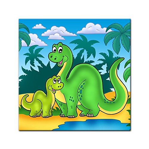 Wandbild - Dino Kinderbild - Familie - Bild auf Leinwand - 40x40 cm - Leinwandbilder - Kinder - Dinosaurier - Brachiosaurus - Mama mit Kind