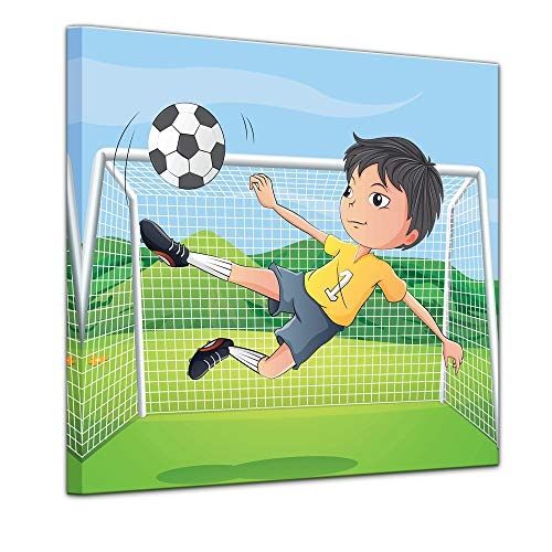 Keilrahmenbild Kinderbild Kicker Cartoon - 80 x 80 cm Bilder als Leinwanddruck Fotoleinwand Kinder Fussballer vor Einem Tor