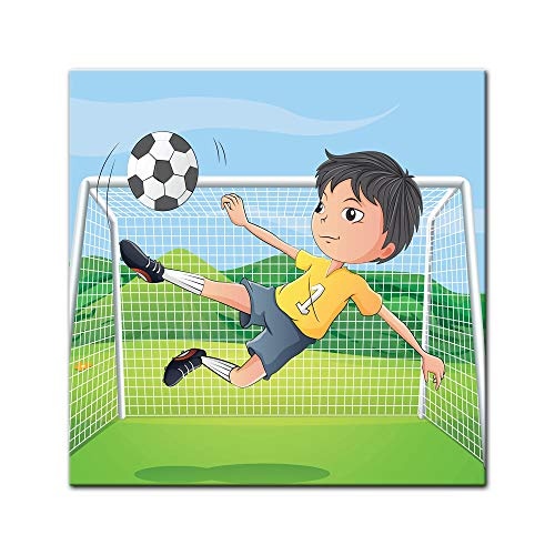 Keilrahmenbild Kinderbild Kicker Cartoon - 80 x 80 cm Bilder als Leinwanddruck Fotoleinwand Kinder Fussballer vor Einem Tor