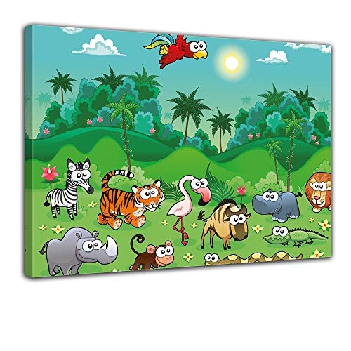 Wandbild - Kinderbild Dschungeltiere Cartoon - Bild auf Leinwand - 80x60 cm - Leinwandbilder - Kinder - Afrika - fröhliche Tiere