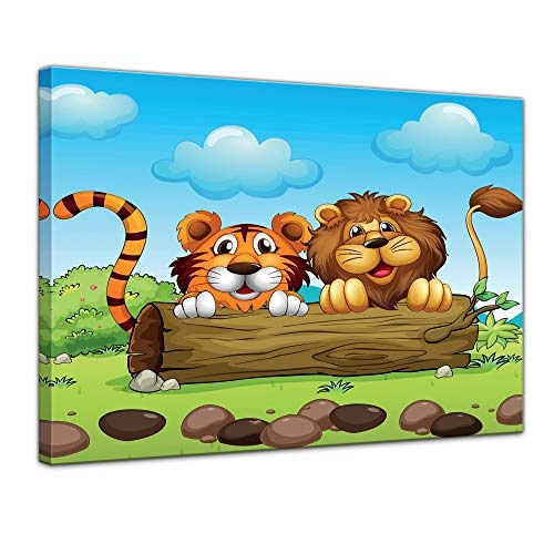 Wandbild Kinderbild Löwe und Tiger Freundschaft - 60 x 50 cm Bilder als Leinwanddruck Fotoleinwand Kinder Grosskatzen hinter Einem Baumstamm