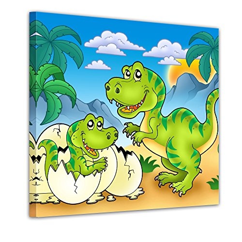 Wandbild - Dino Kinderbild - Tyrannosaurus Rex - Bild auf Leinwand - 40x40 cm - Leinwandbilder - Kinder - Dinosaurier - Raubtier - Mama mit Baby