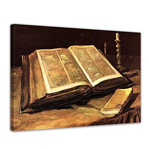 Wandbild Vincent Van Gogh Stillleben mit Bibel - 50x40cm quer - Alte Meister Berühmte Gemälde Leinwandbild Kunstdruck Bild auf Leinwand