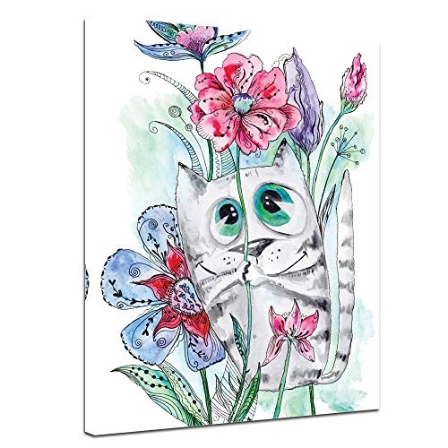 Wandbild Kinderbild Katze mit Blümchen Cartoon - 30 x 40 cm Bilder als Leinwanddruck Fotoleinwand Kinder Bunte Zeichnung - kleine Katze mit Blumen