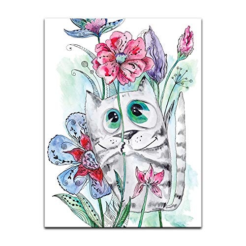 Wandbild Kinderbild Katze mit Blümchen Cartoon - 30...
