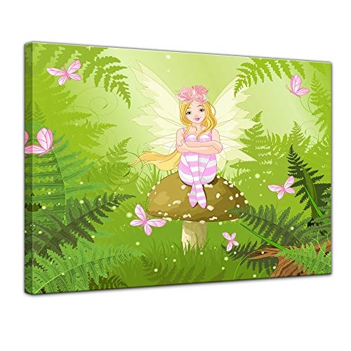Wandbild Kinderbild Fee - 40 x 30 cm Bilder als Leinwanddruck Fotoleinwand Kinder Schmetterlinge - kleine Fee im grünen Wald