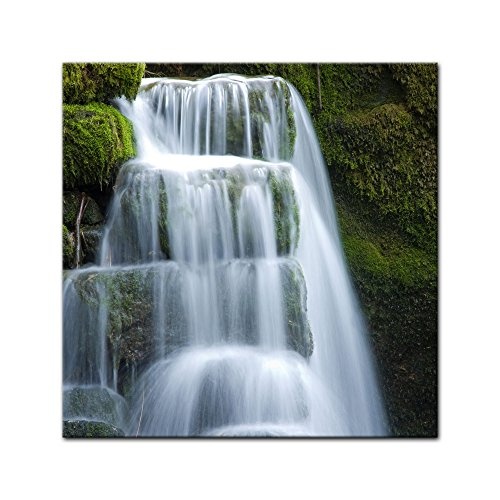 Wandbild - Wasserfall - Bild auf Leinwand 40 x 40 cm - Leinwandbilder - Bilder als Leinwanddruck - Landschaften - Natur - Moos - Kleiner Wasserfall