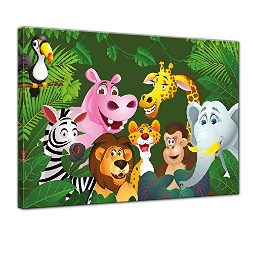 Wandbild - Kinderbild Dschungeltiere Cartoon IV - Bild auf Leinwand - 50x40 cm einteilig - Leinwandbilder - Kinder - Gruppenbild von Wilden Tieren