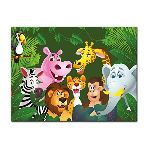Wandbild - Kinderbild Dschungeltiere Cartoon IV - Bild auf Leinwand - 50x40 cm einteilig - Leinwandbilder - Kinder - Gruppenbild von Wilden Tieren