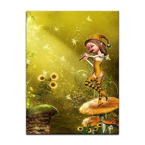 Keilrahmenbild Kinderbild Elfe mit Flöte - 90 x 120 cm Bilder als Leinwanddruck Fotoleinwand Kinder Feen - kleine Elfe im grünen Wald