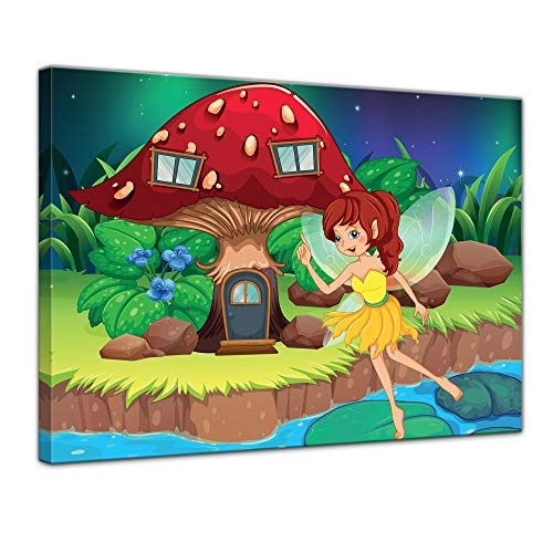 Keilrahmenbild Kinderbild Feenhaus - Cartoon - 120 x 90 cm Bilder als Leinwanddruck Fotoleinwand Kinder Fantasie - kleine Fee vor Einem Pilzhaus