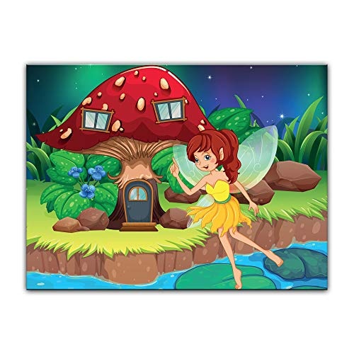 Keilrahmenbild Kinderbild Feenhaus - Cartoon - 120 x 90 cm Bilder als Leinwanddruck Fotoleinwand Kinder Fantasie - kleine Fee vor Einem Pilzhaus
