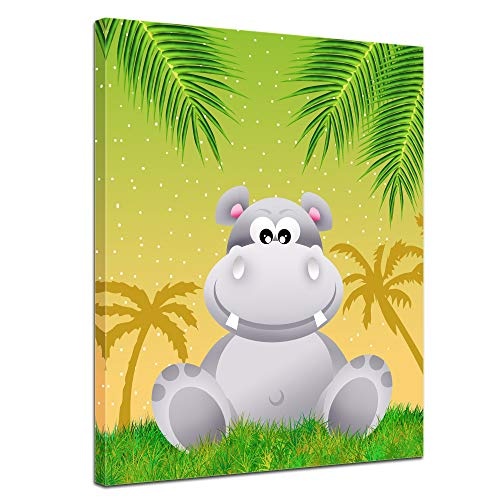 Keilrahmenbild Kinderbild Hippo Cartoon - 90 x 120 cm Bilder als Leinwanddruck Fotoleinwand Kinder Natur kleines Nilpferd unter Palmen