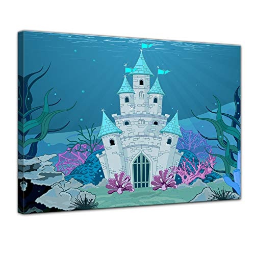Keilrahmenbild Kinderbild Unterwasserschloss Cartoon - 120 x 90 cm Bilder als Leinwanddruck Fotoleinwand Kinder Leben im Meer - kleines Schloss auf dem Meeresgrund