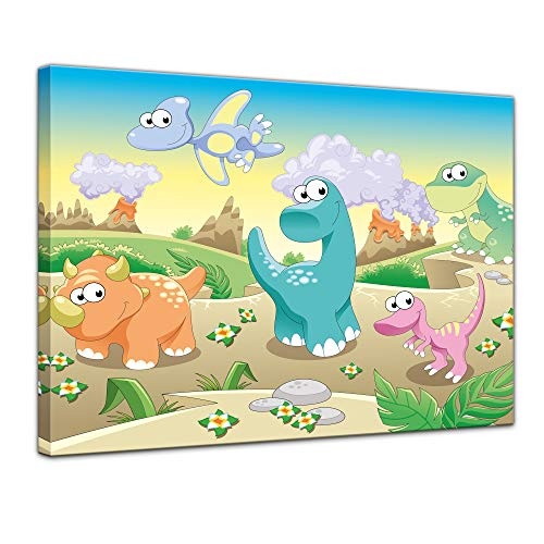 Keilrahmenbild Kinderbild Dinosaurierjungen - 120 x 90 cm Bilder als Leinwanddruck Fotoleinwand Kinder Vulkan - kleine Dinos im Comicstil