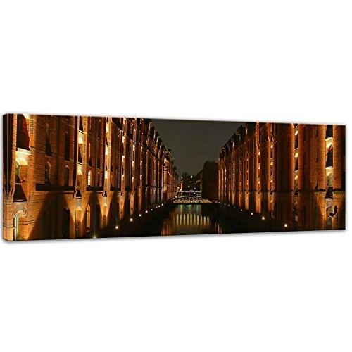 Keilrahmenbild - Hamburger Speicherstadt - Bild auf Leinwand - 120 x 40 cm - Leinwandbilder - Bilder als Leinwanddruck - Städte & Kulturen - Europa - Hamburg bei Nacht