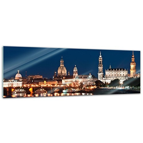 Glasbild - Dresden Skyline bei Nacht - Deutschland - 120x40 cm - Deko Glas - Wandbild aus Glas - Bild auf Glas - Moderne Glasbilder - Glasfoto - Echtglas - kein Acryl - Handmade
