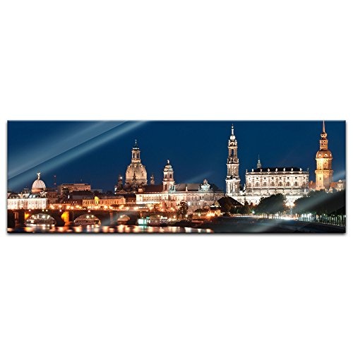 Glasbild - Dresden Skyline bei Nacht - Deutschland - 120x40 cm - Deko Glas - Wandbild aus Glas - Bild auf Glas - Moderne Glasbilder - Glasfoto - Echtglas - kein Acryl - Handmade