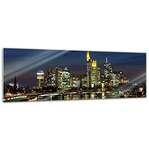 Glasbild - Frankfurt Skyline bei Nacht - Deutschland - 120x40 cm - Deko Glas - Wandbild aus Glas - Bild auf Glas - Moderne Glasbilder - Glasfoto - Echtglas - kein Acryl - Handmade