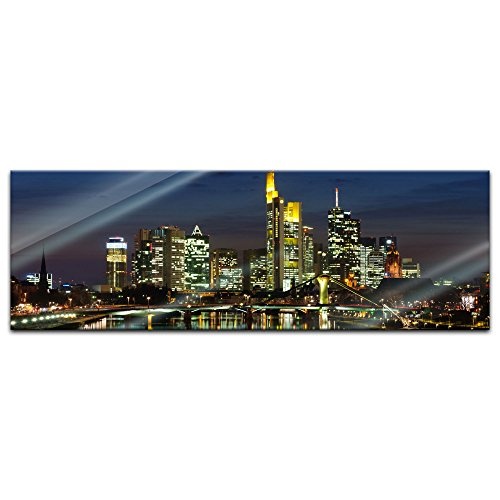 Glasbild - Frankfurt Skyline bei Nacht - Deutschland - 120x40 cm - Deko Glas - Wandbild aus Glas - Bild auf Glas - Moderne Glasbilder - Glasfoto - Echtglas - kein Acryl - Handmade