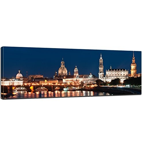Keilrahmenbild - Dresden Skyline bei Nacht - Deutschland - Bild auf Leinwand - 160x50 cm - Leinwandbilder - Städte & Kulturen - Sachsen - Elbe - Altstadt - beleuchtet