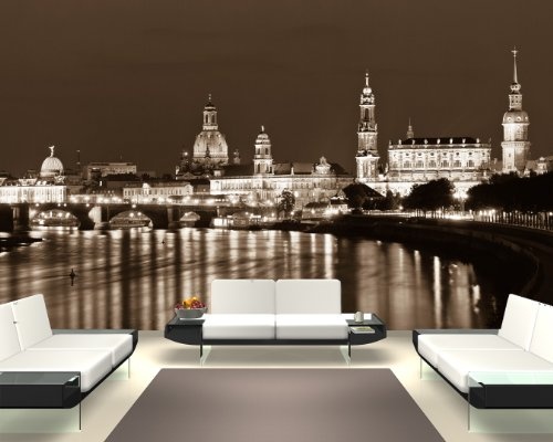 Bilderdepot24 Vlies Fototapete - Dresden Skyline bei Nacht - Deutschland - sephia - Sepia - 300x200 cm - mit Kleister - Poster - Foto auf Tapete - Wandbild - Wandtapete - Vliestapete