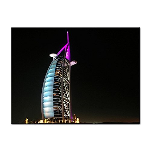 Wandbild - Burj al Arab bei Nacht - Bild auf Leinwand - 80x60 cm einteilig - Leinwandbilder - Städte & Kulturen - Vereinigte Arabische Emirate - Dubai - Architektur - Hotel - Wahrzeichen