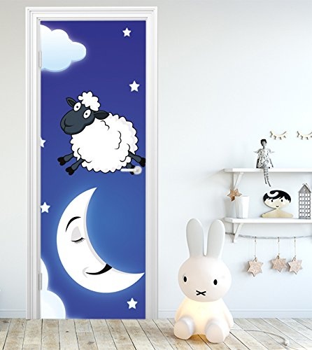 Türtapete selbstklebend Schäfchen zählen II 90 x 200 cm - einteilig Türaufkleber Türfolie Türposter - Kinderzimmer Kinderbild Cartoon Junge Mädchen Schafe Gute Nacht Kind