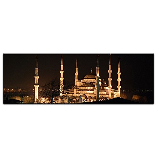 Keilrahmenbild - Moschee bei Nacht - Bild auf Leinwand - 120 x 40 cm - Leinwandbilder - Bilder als Leinwanddruck - Städte & Kulturen - Istanbul - Sultan Ahmed Moschee