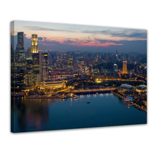Wandbild - Singapur - Bild auf Leinwand - 80x60 cm 1 teilig - Leinwandbilder - Bilder als Leinwanddruck - Städte & Kulturen - Asien - Skyline Singapurs bei Nacht