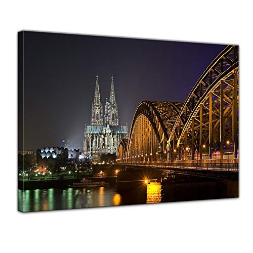 Wandbild - Kölner Dom - Bild auf Leinwand - 40 x 30 cm - Leinwandbilder - Bilder als Leinwanddruck - Städte & Kulturen - Europa - Köln bei Nacht