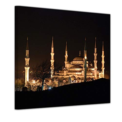 Wandbild - Moschee bei Nacht - Bild auf Leinwand - 60 x 60 cm - Leinwandbilder - Bilder als Leinwanddruck - Städte & Kulturen - Istanbul - Sultan Ahmed Moschee