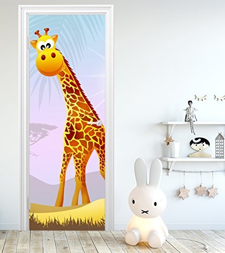 Türtapete selbstklebend Safari 90 x 200 cm - einteilig Türaufkleber Türfolie Türposter - Kinderzimmer Kinderbild Cartoon Junge Mädchen Giraffe Afrika Kind