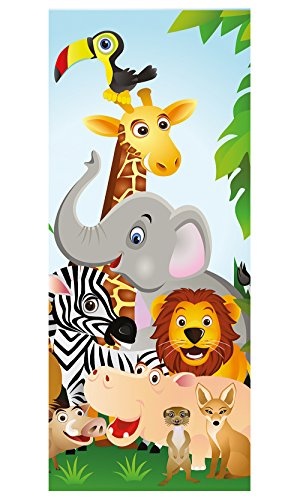 Türtapete selbstklebend Dschungeltiere Cartoon II 90 x 200 cm - einteilig Türaufkleber Türfolie Türposter - Kinderzimmer Kinderbild Cartoon Junge Mädchen Tiere Dschungel Elefant Löwe Giraffe