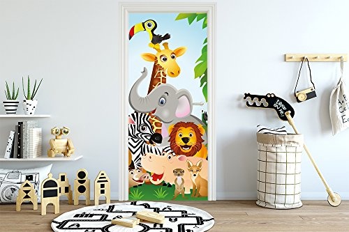 Türtapete selbstklebend Dschungeltiere Cartoon II 90 x 200 cm - einteilig Türaufkleber Türfolie Türposter - Kinderzimmer Kinderbild Cartoon Junge Mädchen Tiere Dschungel Elefant Löwe Giraffe