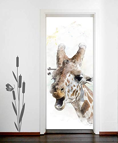 Bilderdepot24 Türtapete selbstklebend Giraffe II 90 x 200 cm - einteilig Türaufkleber Türfolie Türposter - Wasserfarbe Aquarell Tier Afrika Flecken Hals Savanne Sahara Akazie