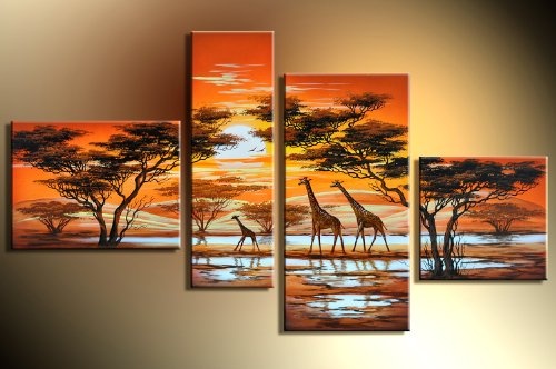 Bilderdepot24 Wandbild - Giraffe Afrika M3 - handgemaltes Leinwandbild 120x70cm 4 teilig 360