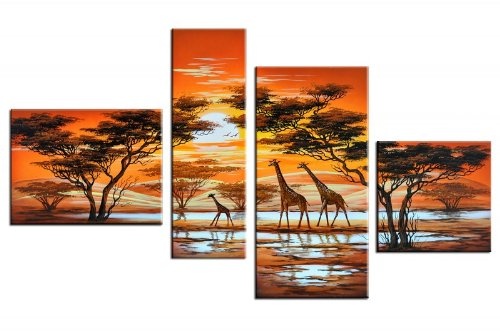 Bilderdepot24 Wandbild - Giraffe Afrika M3 - handgemaltes Leinwandbild 120x70cm 4 teilig 360