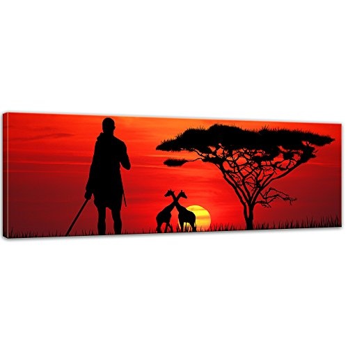 Keilrahmenbild Silhouette - Massai im Sonnenuntergang -...