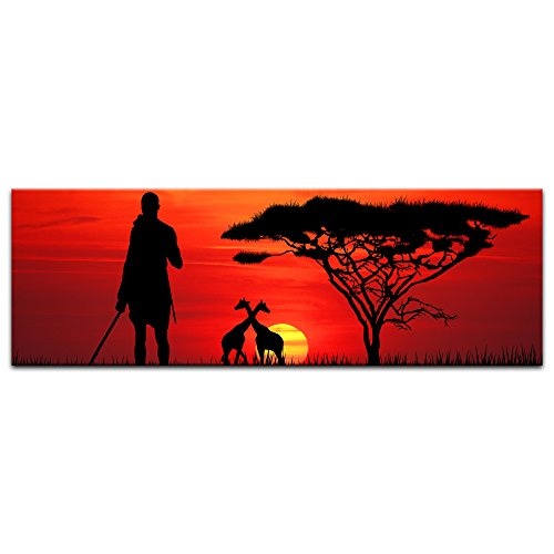 Keilrahmenbild Silhouette - Massai im Sonnenuntergang - 120x40 cm LeinKeilrahmenbilder Bilder als Leinwanddruck Fotoleinwand Urban & Graphic - Afrika - Krieger im Abendrot