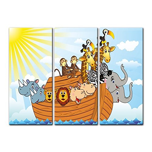 Wandbild - Kinderbild - Arche Noah Cartoon - Bild auf Leinwand - 120x80 cm 3tlg - Leinwandbilder - Kinder - Bibel - Flut - Boot im Wasser - Tiere