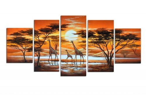 Bilderdepot24 Wandbild - Giraffen M1 - handgemaltes Leinwandbild 150x70cm 5 teilig 629