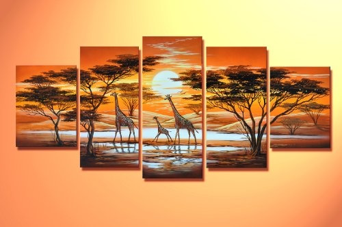 Bilderdepot24 Wandbild - Giraffen M1 - handgemaltes Leinwandbild 150x70cm 5 teilig 629