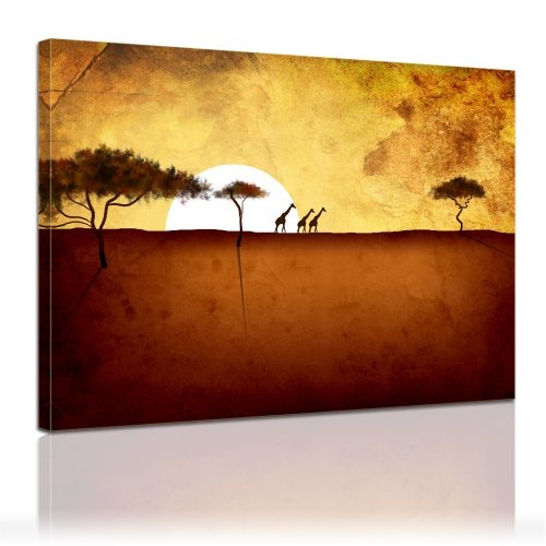 Keilrahmenbild - Giraffen im Sonnenuntergang - Bild auf Leinwand - 120x90 cm - Leinwandbilder - Urban & Graphic - Tierwelten - Afrika - Savanne - braun - gelb