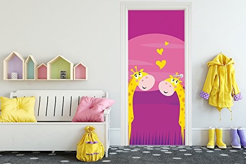 Türtapete selbstklebend verliebte Giraffen 90 x 200 cm - einteilig Türaufkleber Türfolie Türposter - Kinderzimmer Kinderbild Cartoon Junge Mädchen Liebe Herzen rosa Tier Kind