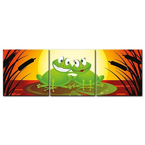 Wandbild - Kinderbild Verliebter Frosch Cartoon - Bild auf Leinwand - 180x60 cm 3tlg - Leinwandbilder - Kinder - Liebe - Romantik - Teich im Sonnenuntergang