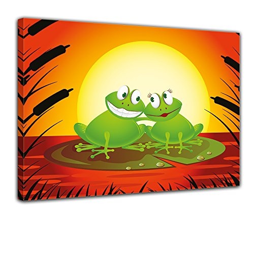 Keilrahmenbild - Kinderbild Verliebter Frosch Cartoon - Bild auf Leinwand - 120x90 cm 1 teilig - Leinwandbilder - Kinder - Liebe - Romantik - Teich im Sonnenuntergang