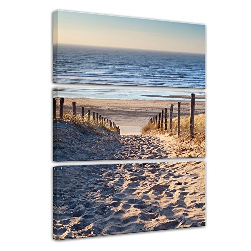 Wandbild - Schöner Weg zum Strand III - Bild auf Leinwand - 90x150 cm dreiteilig - Leinwandbilder - Urlaub, Sonne & Meer - Nordsee - Dünen mit Strandgräsern - Idylle - Erholung